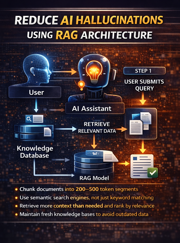 RAG architecture showing how retrieval augmented generation reduces AI hallucinations by grounding responses in verified data